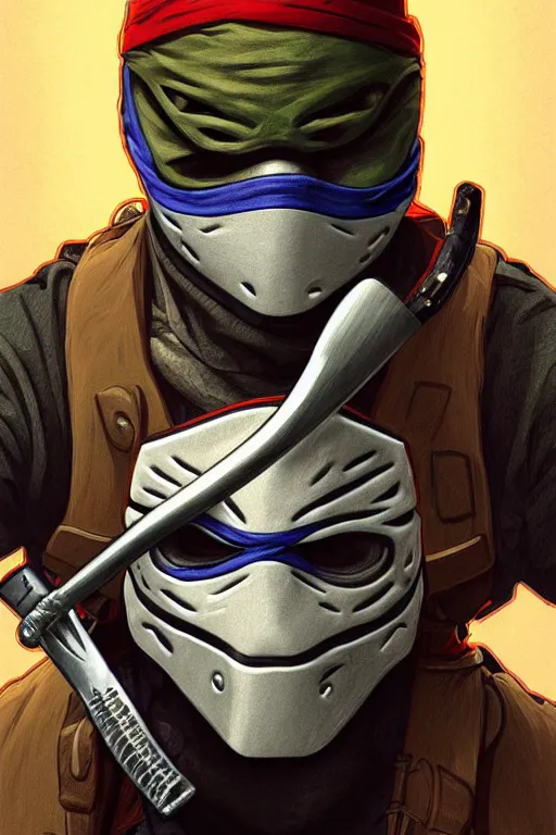 Prompt: a portrait of casey jones ( tmnt ) ( hockey mask ), fantasy, sharp focus, intricate, elegant, digital painting, artstation, matte, highly detailed, concept art, illustration, ambient lighting, art by ilya kuvshinov, artgerm, alphonse mucha, and greg rutkowski