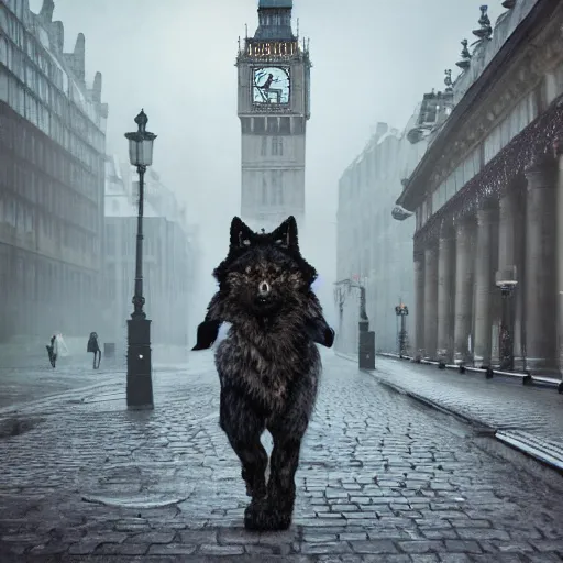 Image similar to terrifying ware wolf walking through the center of old london city, oil painting, gloomy misty atmosphere, symmetrical, full body image, highly ornate intricate details, very sharp photo,