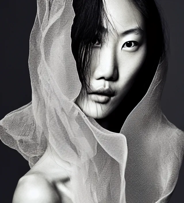 Image similar to photography facial portrait of liu wen, natural background, sensual lighting, natural fragile pose, wearing stunning cape by iris van herpen, with a colorfull makeup. highly detailed, skin grain detail, photography by paolo roversi, nick knight, helmut newton, avedon, araki