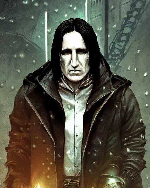 Image similar to An epic fantasy comic book style portrait painting of a very imposing Industrial goth Trent Reznor as Severus Snape in the rain, wet hair, neon reflections, character design by Mark Ryden and Pixar and Hayao Miyazaki, unreal 5, DAZ, hyperrealistic, octane render, cosplay, RPG portrait, dynamic lighting, intricate detail, cinematic