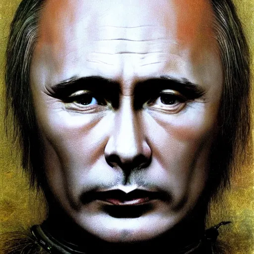 Prompt: vlad putin became stupid imbecile retard degenerate photo - realistic, color image, hyper realistic, 2 k, highly detailed, occult art, by giger, fractal structure