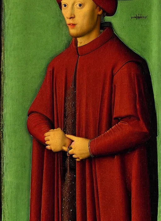 Image similar to portrait of a young man who is a king with a crown, medieval painting by Jan van Eyck, Florence