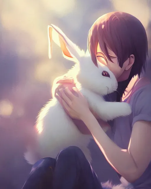 Image similar to a man hugging an anime bunny, medium shot, visible face, detailed face, perfectly shaded, atmospheric lighting, by makoto shinkai, stanley artgerm lau, wlop, rossdraws