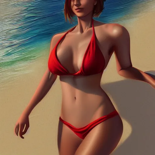 Prompt: your dream girl in a bikini on the beach drawn by artgerm