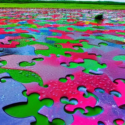 Prompt: puzzle pieces rain from the sky at a field of flowers. mirror's edge, clean, views to the ocean.