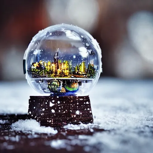 Prompt: a snow globe with an futuristic city of an insect civilization inside, sharp focus, highly detailed, Close-up