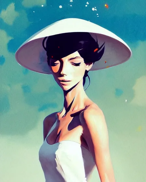 Image similar to a ultradetailed beautiful painting of a stylish woman wearing a white dress with a sun hat, by conrad roset, greg rutkowski and makoto shinkai trending on artstation