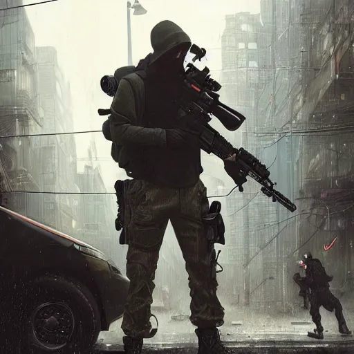 Prompt: A man wearing Reindeelusion Steven Cargo pants and Nike Tech fleece Shirt and Nike Acronym presto sneakers, rooftop, sniper rifle stationed in background, Police sirens shining in far background, high quality, digital art, dirty cyberpunk city, rain, greg rutkowski