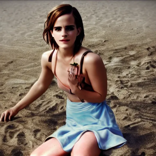 Image similar to photo, close up, emma watson in a mini skirt, on a beach, android cameraphone, 2 6 mm