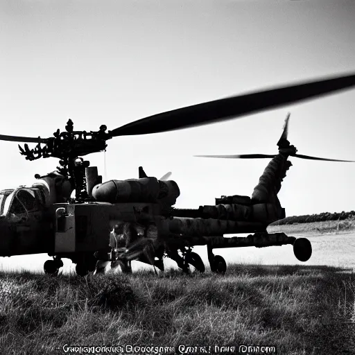 Image similar to weaponized Apache helicopter made out of bones, 35mm film, 50mm f1.8