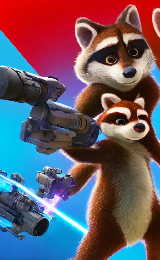 Image similar to “red racoon holding laser gun facing off with blue racoon holding laser gun, cinematic, dramatic in the style of zootopia”