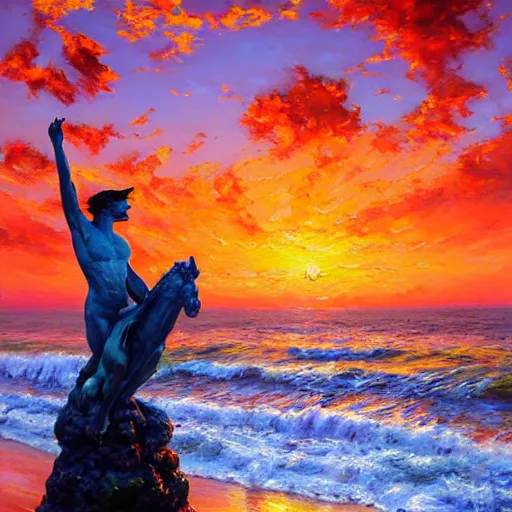 Image similar to acrylic painting, impressionism and expressionism, strong emotional impact, bold pastel colors, expressive brushstrokes. by peter mohrbach and mark keathley. fantasy illustration of the shore of the island of monuments and statues. spectacular sunset. beautiful and vivid trending on artstation hq 8 k contest winner # wow