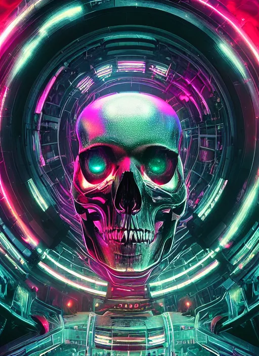 Image similar to a futuristic skull with glowing eyes and a wormhole tunnel, cyberpunk art by android jones, behance contest winner, computer art, darksynth, synthwave, rendered in cinema 4 d