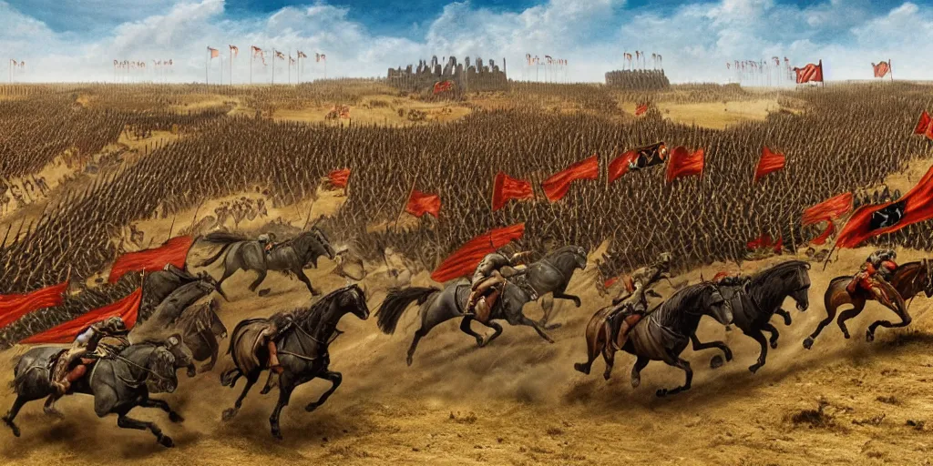 Image similar to medieval battlefield filled with cavalry fleeing from monster trucks