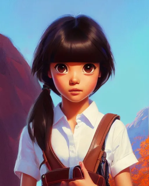 Image similar to real girl dora the explorer wearing her cloth made from leather, fine detail!! anime!! realistic shaded lighting!!, kim hyun joo, digital painting by ilya kuvshinov, magali villeneuve, artgerm, jeremy lipkin and michael garmash and rob rey