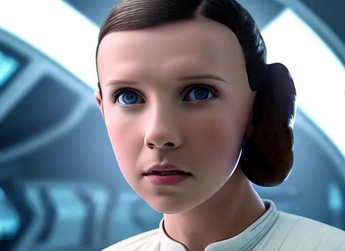 Prompt: film still of!!!! millie bobby brown!!! as princess leia in star wars movie, hair pulled back, closeup portrait, wearing long white robe, deep focus, exploring interior of a spaceship, glamour pose, dramatic lighting, octane, mist, volumetric lighting, 8 k