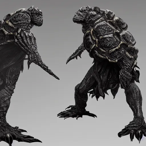 Image similar to elden ring, dark souls, humanoid turtle monster, photorealistic, grimdark, gruesome, full height, front and side view