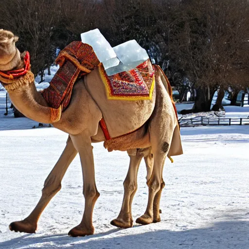 Image similar to a camel carrying a giant block of ice