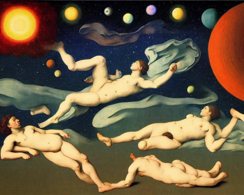 Image similar to an achingly beautiful print of the the cosmos by Raphael, Hopper, Goya, and Rene Magritte. detailed, romantic, enchanting, trending on artstation.