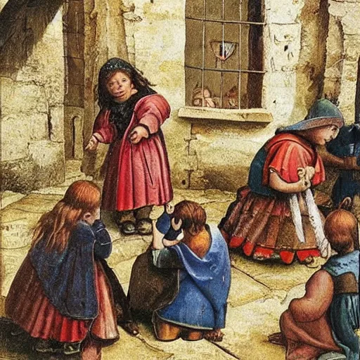 Prompt: “medieval childs playing in the town”