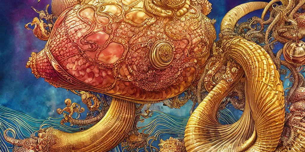 Image similar to hyper detailed conch shell, hindu god graphic illsutration ocean life color palette detailed intricate gold linework + otomo, yoshitaka Amano, hiroshi yoshida, moebius, loish, artgerm, symmetrical and detailed 3d render