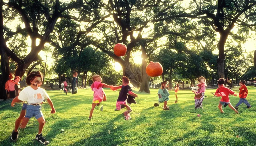 Image similar to 1990s candid photo of a beautiful day at the park, families playing, cinematic lighting, cinematic look, golden hour, kids being chased by large personified fruit creatures , Enormous fruit people, UHD