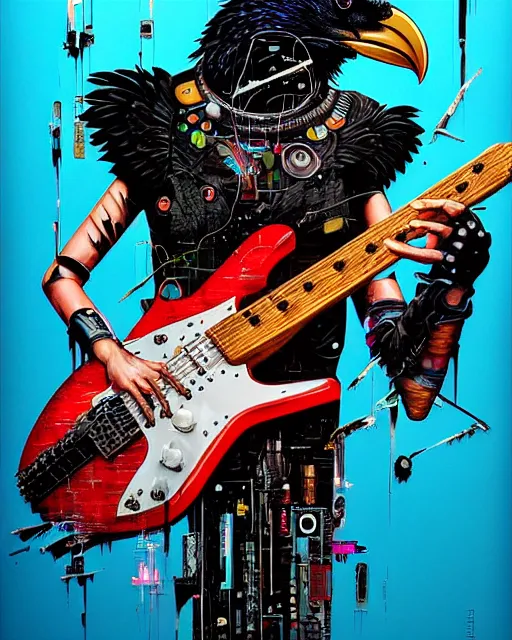 Image similar to a portrait of an anthropomorphic cyberpunk raven shredding an electric guitar as the guitar melts by sandra chevrier, by jon foster, detailed render, tape deck, epic composition, cybernetics, 4 k realistic, cryengine, realistic shaded lighting, sharp focus, masterpiece, by enki bilal