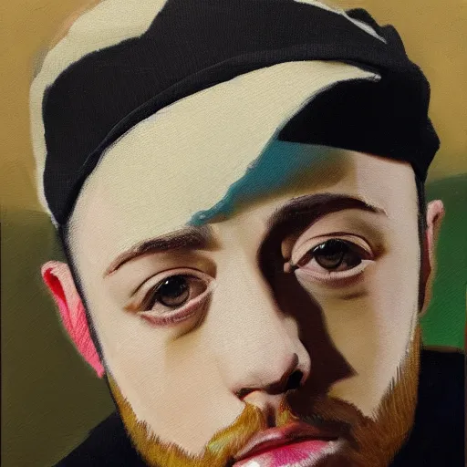 Prompt: Mac Miller oilpainting by Akihiko Yoshida, the brush strokes are visible and some of the paint is running down