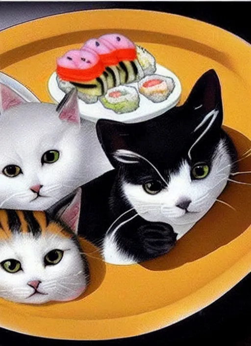 Image similar to clear photorealistic picture of adorable cats made out of sushi, sitting on sushi plates, additional sushi