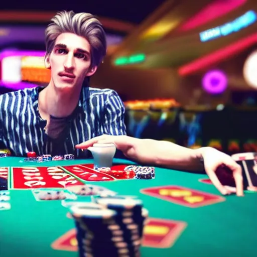 Image similar to film still of xqc gambling in Vegas, 4k, photorealism, artstation style