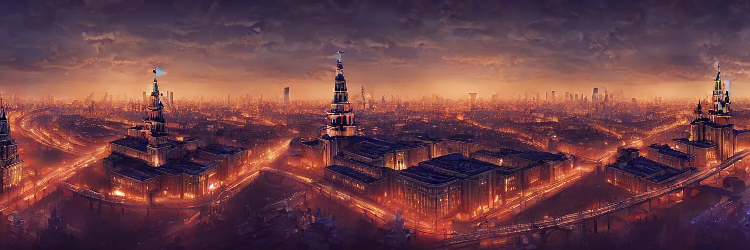 Image similar to a beautiful highly detailed matte painting of a night at Moscow city, by Jose Daniel Cabrera Pena and Leonid Kozienko concept art by Tooth Wuan