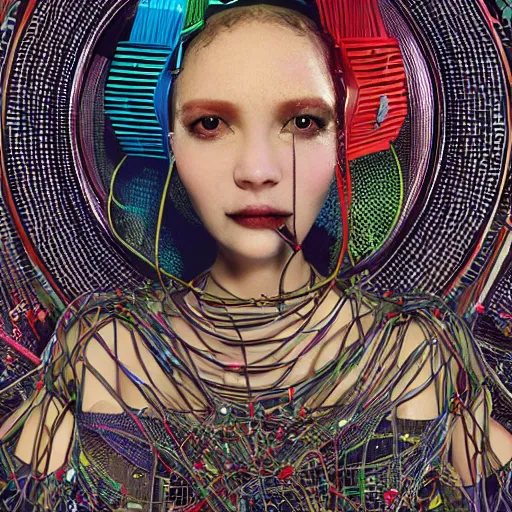 Image similar to give me a higher love, piles of modular synth cables, kawaii puerto rican goddess swimming up wearing a headpiece made of circuit boards, by cameron gray, wlop, stanley kubrick, masamune, hideki anno, jamie hewlett, unique perspective, trending on artstation, 3 d render, vivid