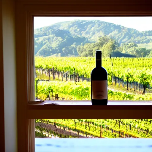 Prompt: wine bottle sitting on window sill with a view of beautiful vineyard