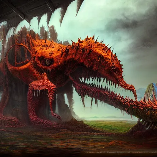 Image similar to dukhara scavenger, colossal dreadmaw, driven, highly detailed, digital painting, HDRI, by Randy Vargas and wayne barlowe, vivid colors, high contrast, 8k resolution, intricate, photorealistic, smooth