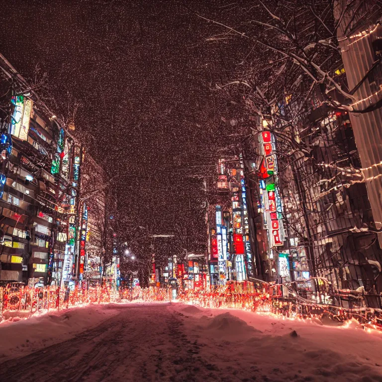 Prompt: photo of tokyo with many lights and lens flares, snowy winter christmas night