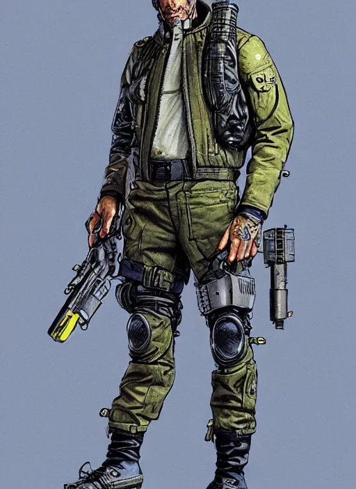 Image similar to menacing cyberpunk mercenary in military vest and jumpsuit. dystopian. portrait by stonehouse and mœbius and will eisner and gil elvgren and pixar. realistic proportions. cyberpunk 2 0 7 7, apex, blade runner 2 0 4 9 concept art. cel shading. attractive face. thick lines.