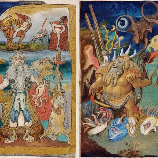 Prompt: The collage shows a mythological scene. A large, bearded man is shown seated on a throne, surrounded by sea creatures. He has a trident in one hand and a shield in the other. Behind him is a large fish, and in front of him are two smaller creatures. lofi, cave painting by Beatrix Potter, by Henry Justice Ford geometric