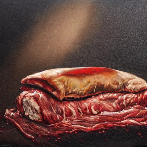 Image similar to dark oil painting of couch with meat spilling out of it, cut in half, surreal