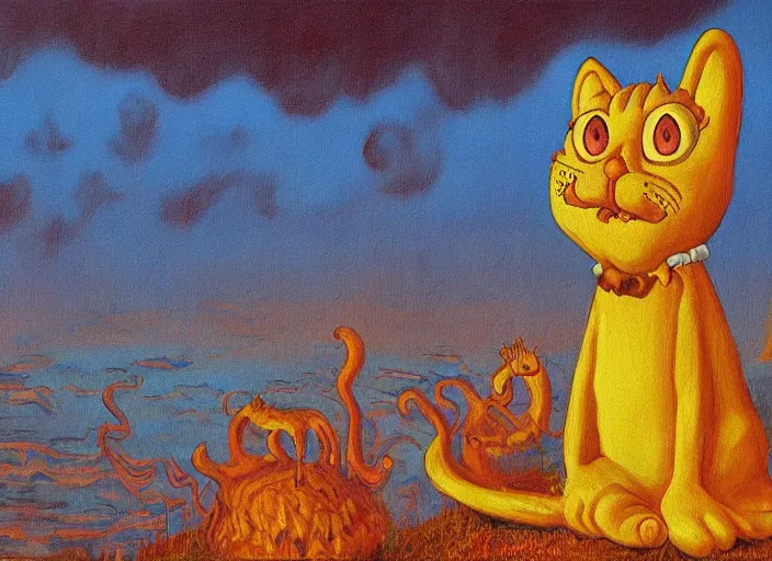 Image similar to surrealist impressionist painting of garfield at dusk, in the style of michael whelan and james gurney and wayne barlowe