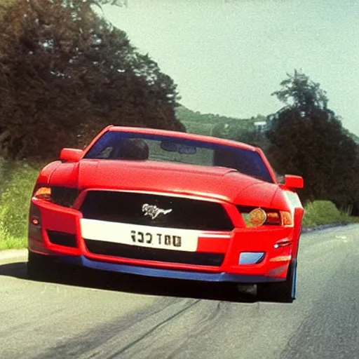 Image similar to coloured photograph of a muscled young white bald guy with broad shoulders, black shirt and a large chest driving a racing red mustang down a british road, high detail