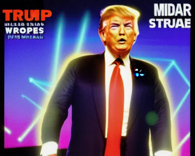 Image similar to Donald Trump in 80s workout gear, laser background, vaporwave aesthetic