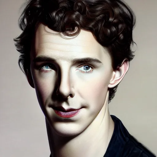 Prompt: portrait of a hybrid of benedict cumberbatch and freddie highmore and timothee chalamet, photo realistic, highly detailed, perfect face, art by rolf armstrong, monia merlo