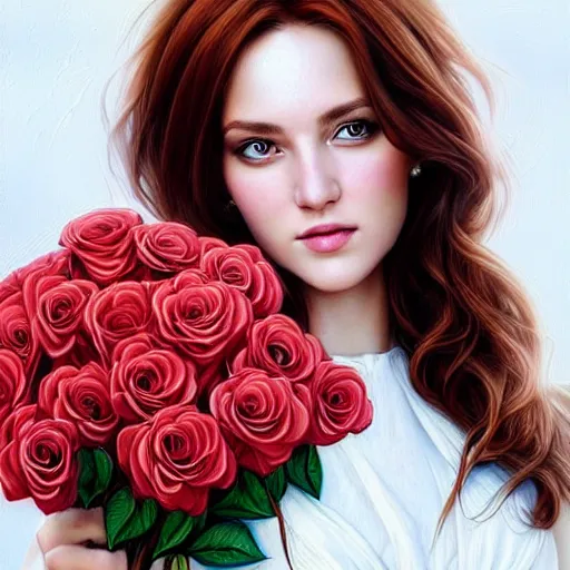 Image similar to portrait of a gorgeous woman holding a bouquet of roses in the style of stefan kostic, auburn hair, realistic, sharp focus, intricate, white dress, elegant, insanely detailed, 8 k high definition, art by artgerm, mark hill
