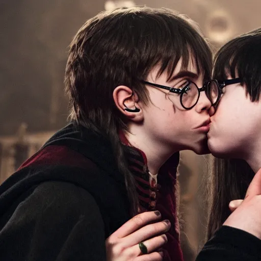 Prompt: billie eilish kissing young harry potter 4k