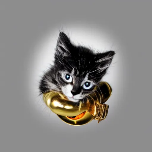 Prompt: kitten with gold eye and cyborg arm