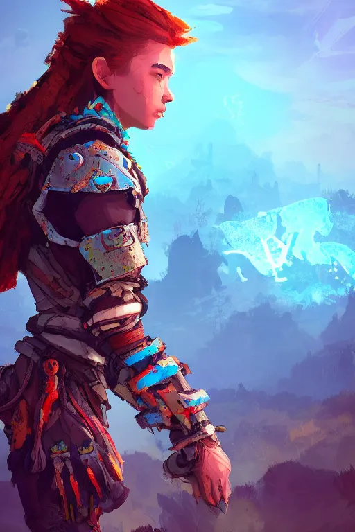 Image similar to combination suit armor aloy horizon forbidden west horizon zero dawn radiating a glowing aura global illumination ray tracing hdr fanart arstation by ian pesty and alena aenami artworks in 4 k tribal robot ninja mask helmet backpack