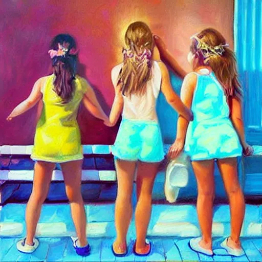 Image similar to “springbreak party, 3 young girls, hyper realistic oil painting”