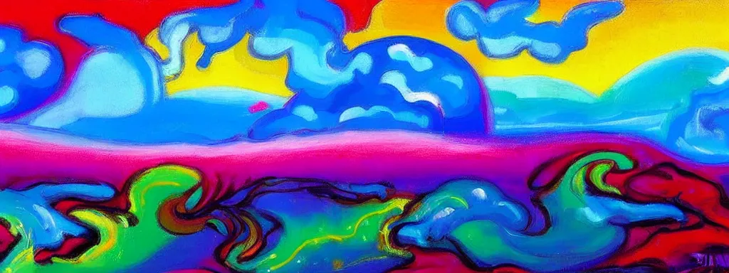 Image similar to Psychedelic sci-fi dreamworld. Landscape painting. Organic. Winding rushing water. Waves. Clouds. Peter Max.