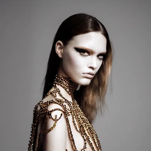 Prompt: close up of face from a fashion model with large valentino dress in parisian luxury studio , official valentino editorial, highly detailed