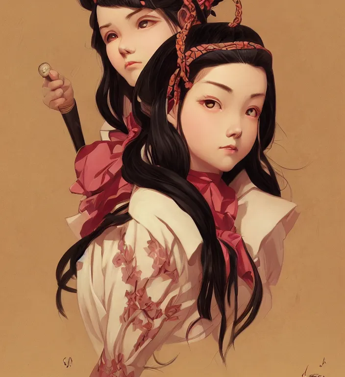 Image similar to Nezuko, very detailed, digital art, concept art, studio quality, fantasy, art style by J. C. Leyendecker